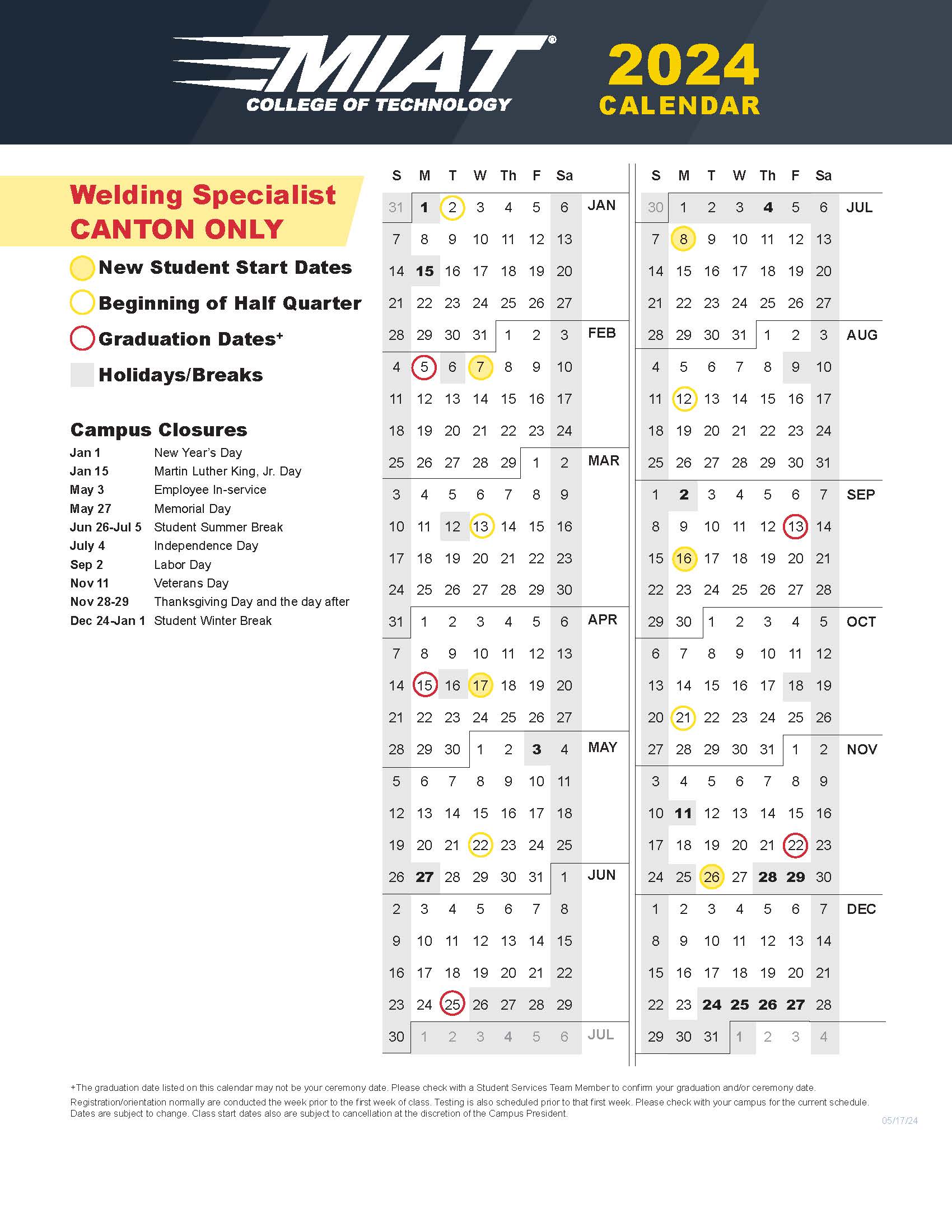 Course Calendar Canton Welding 2024-2025