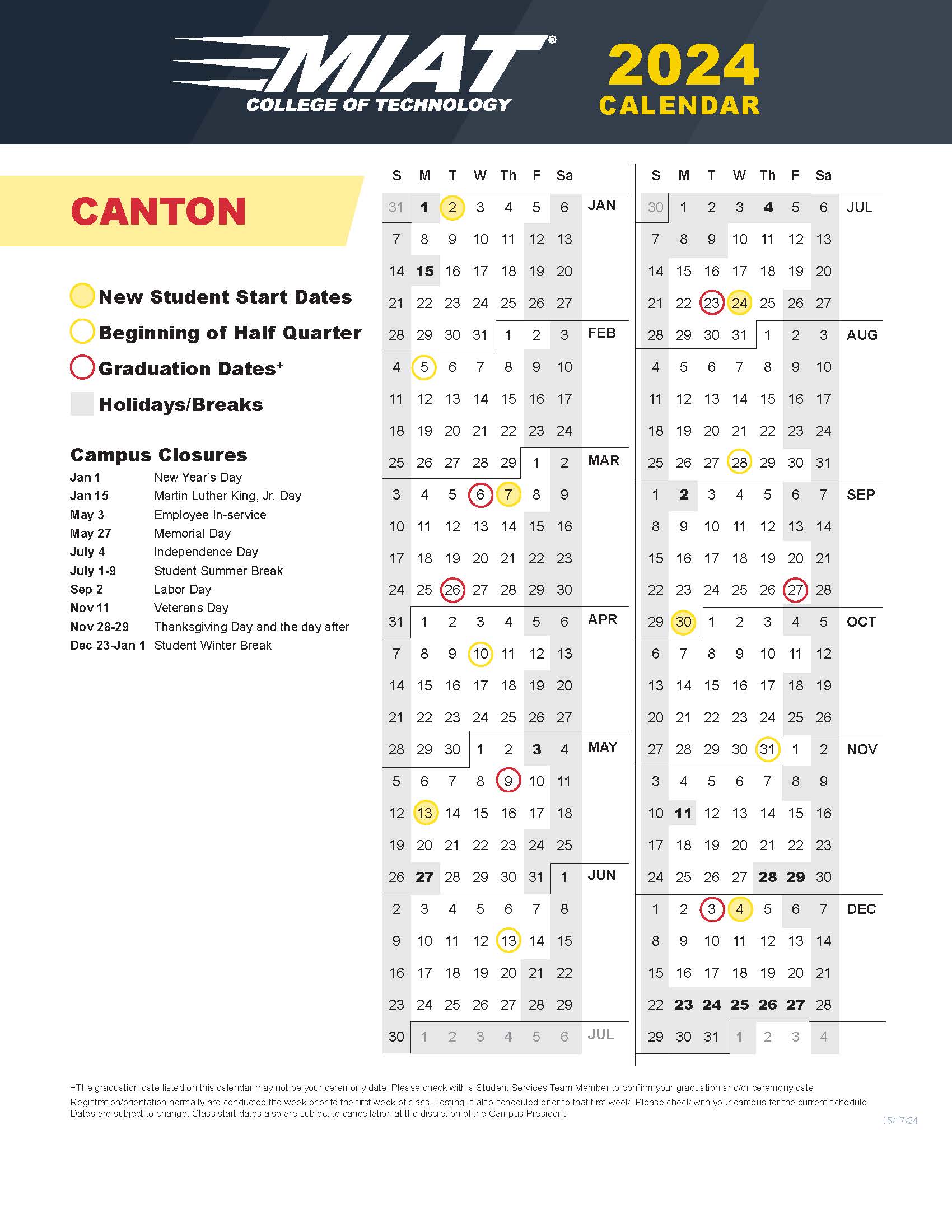 Course Calendar Canton 2024-2025