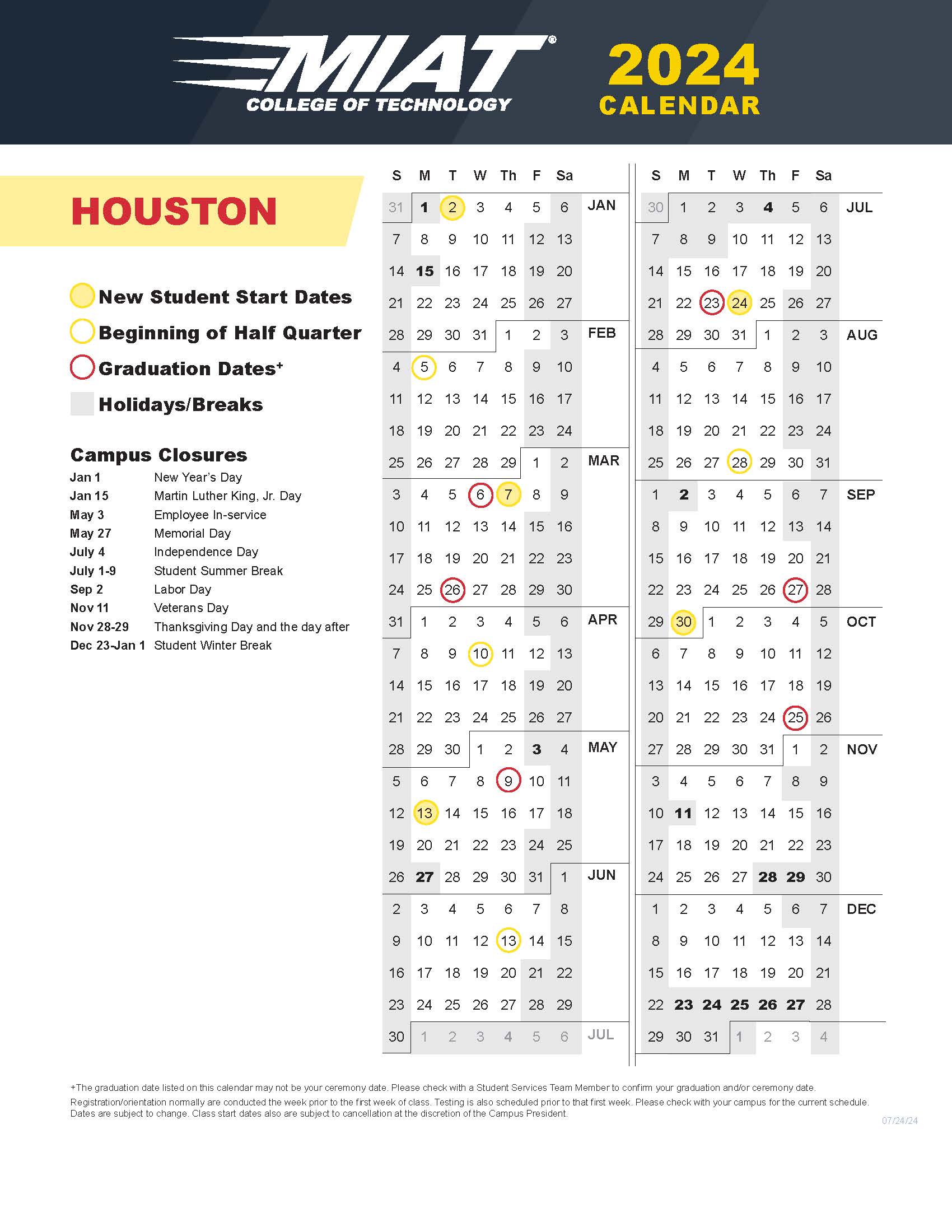 Course Calendar Houston 2024-2025