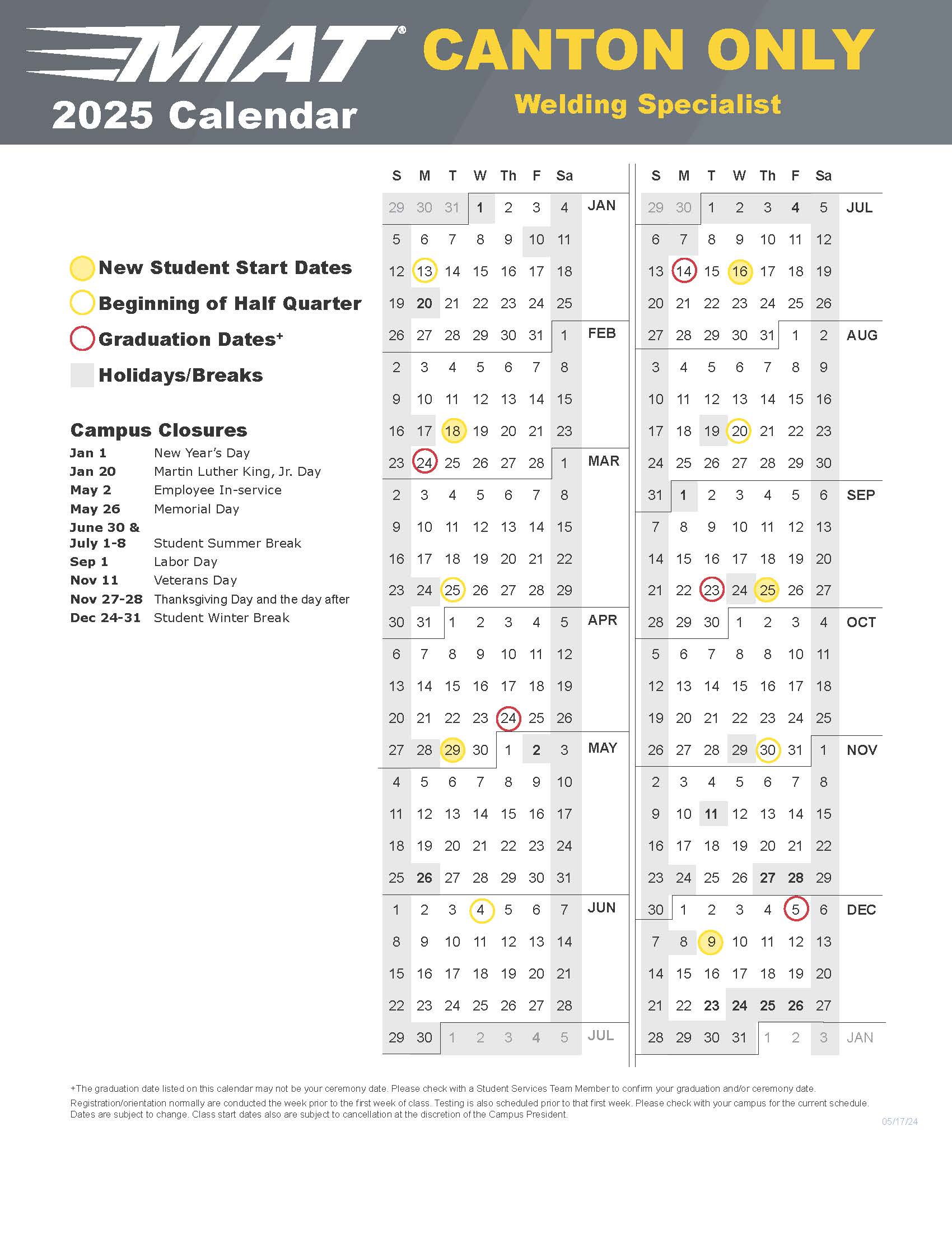 Course Calendar Canton Welding 2024-2025