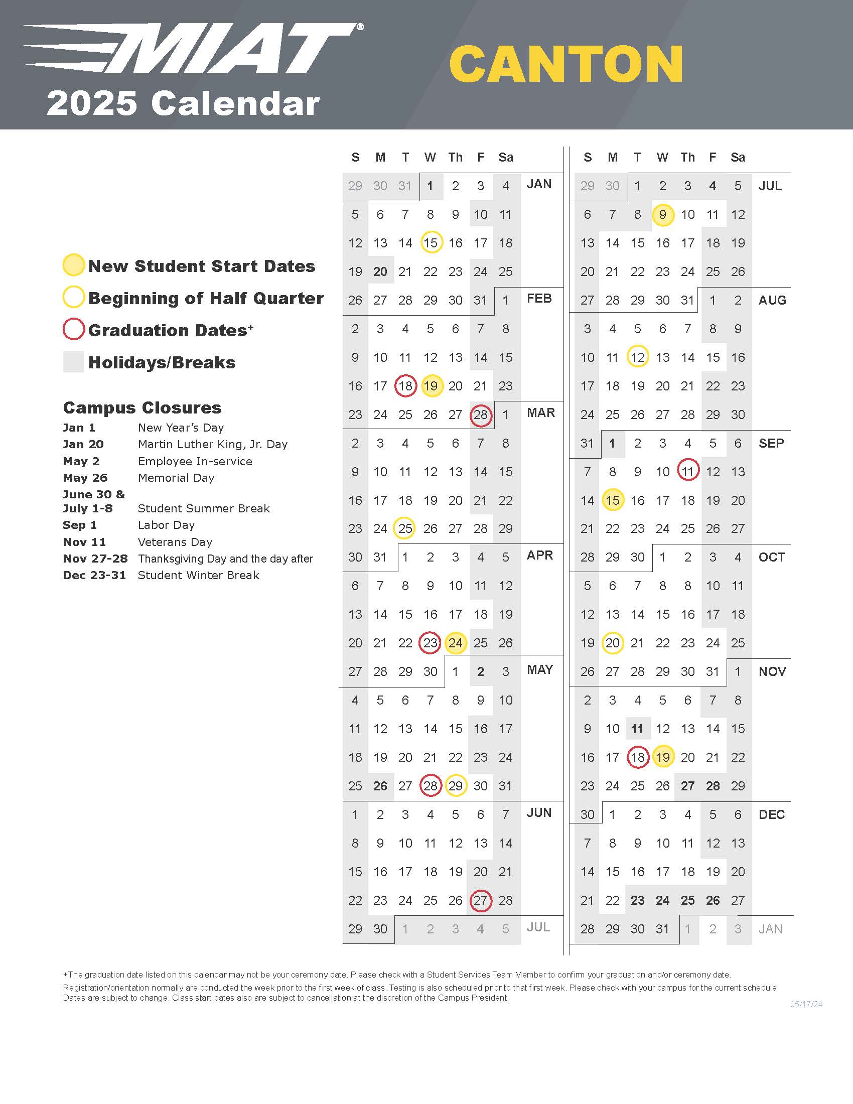 Course Calendar Canton 2024-2025