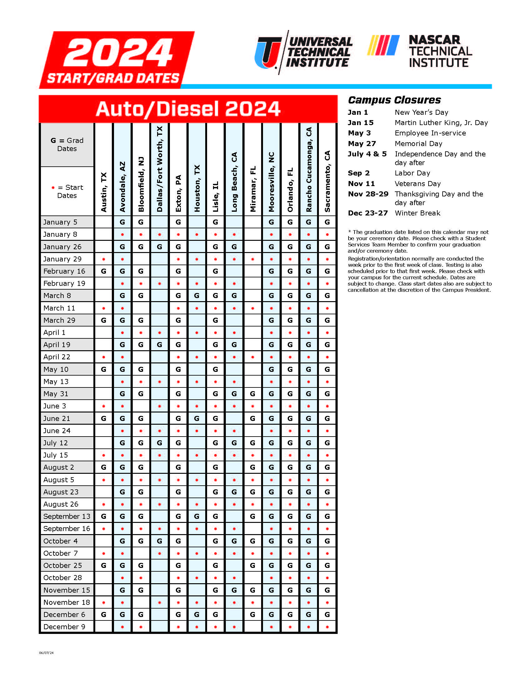 Course Calendar Auto Diesel 2024-2025