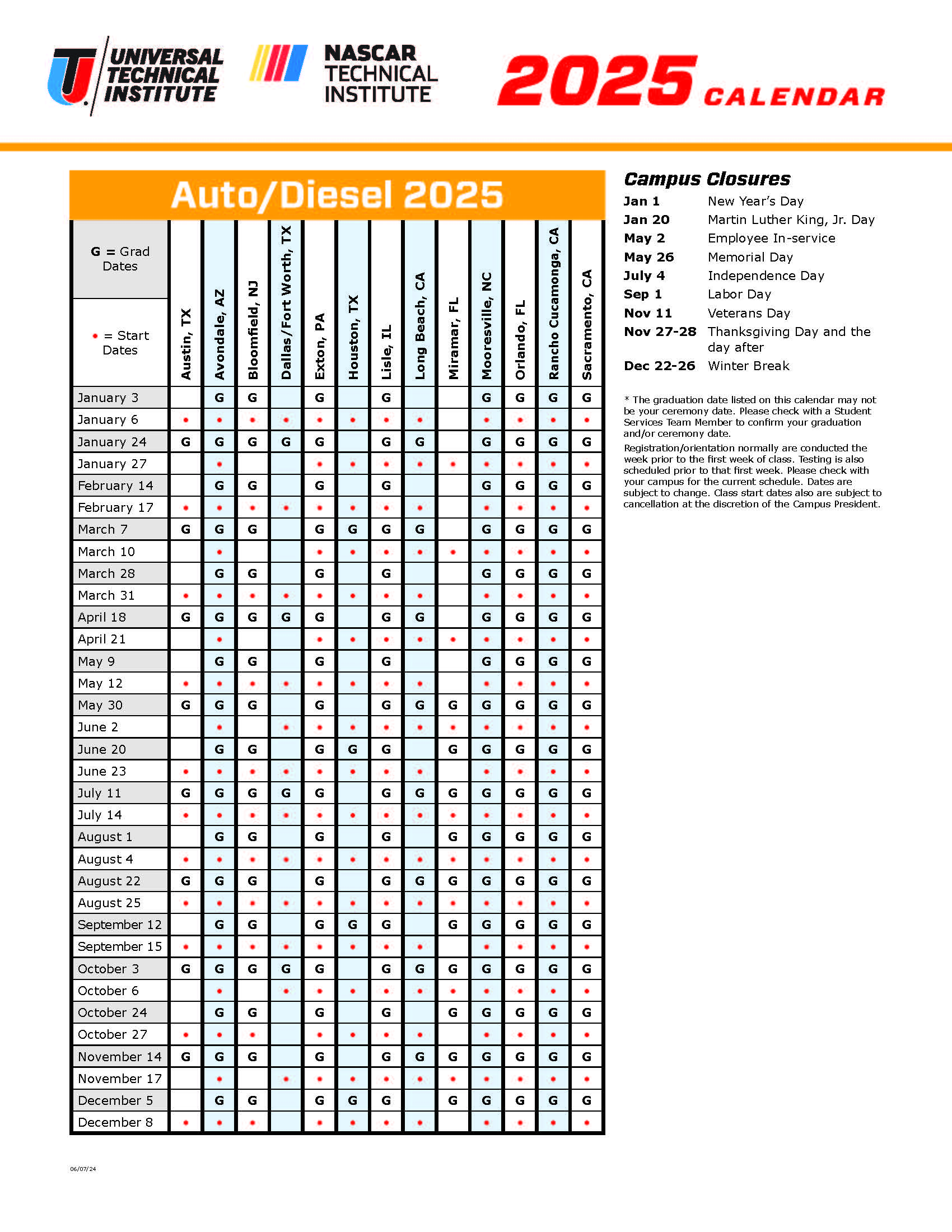 Course Calendar Auto Diesel 2024-2025