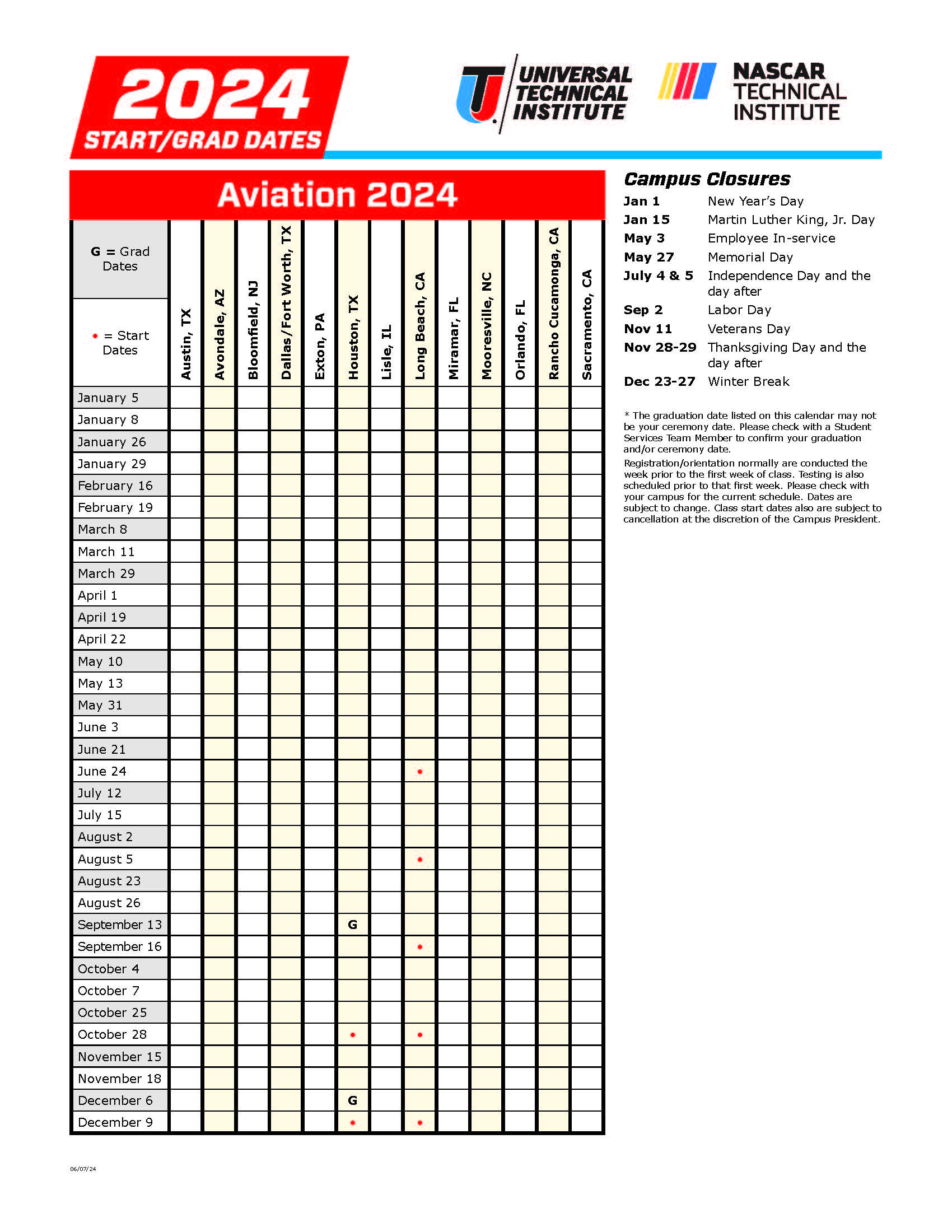 Course Calendar Aviation 2024-2025