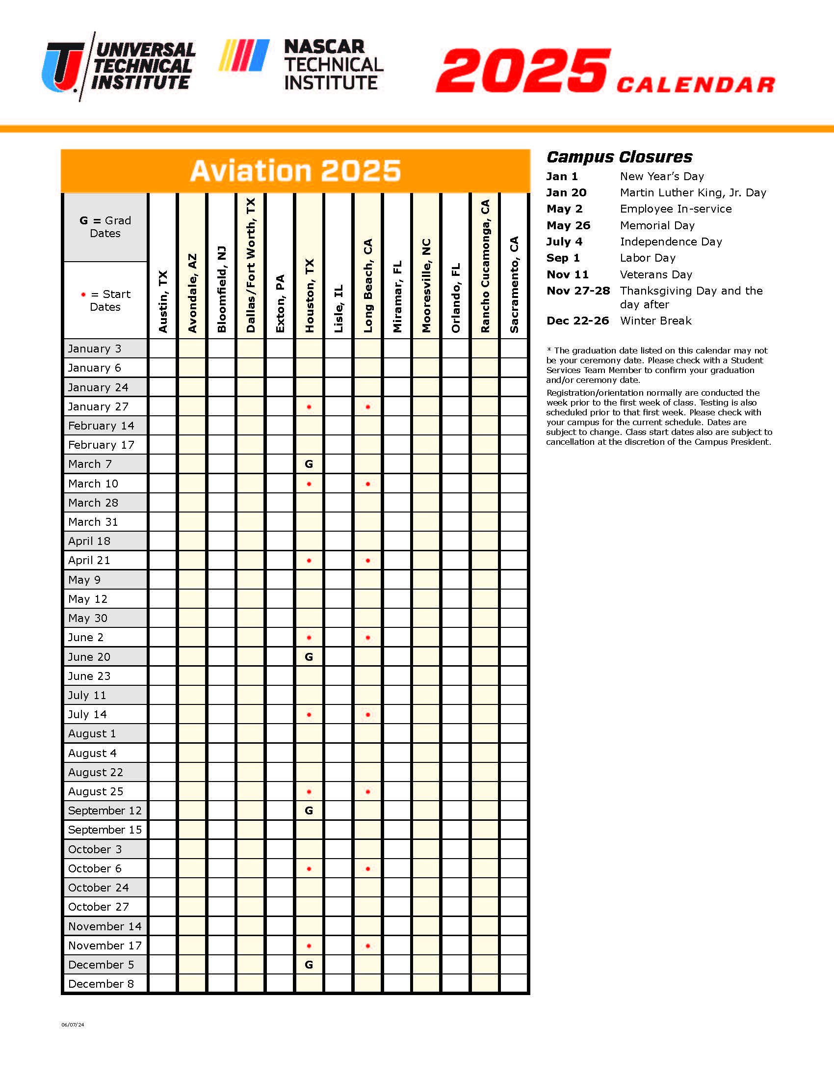 Course Calendar Aviation 2024-2025