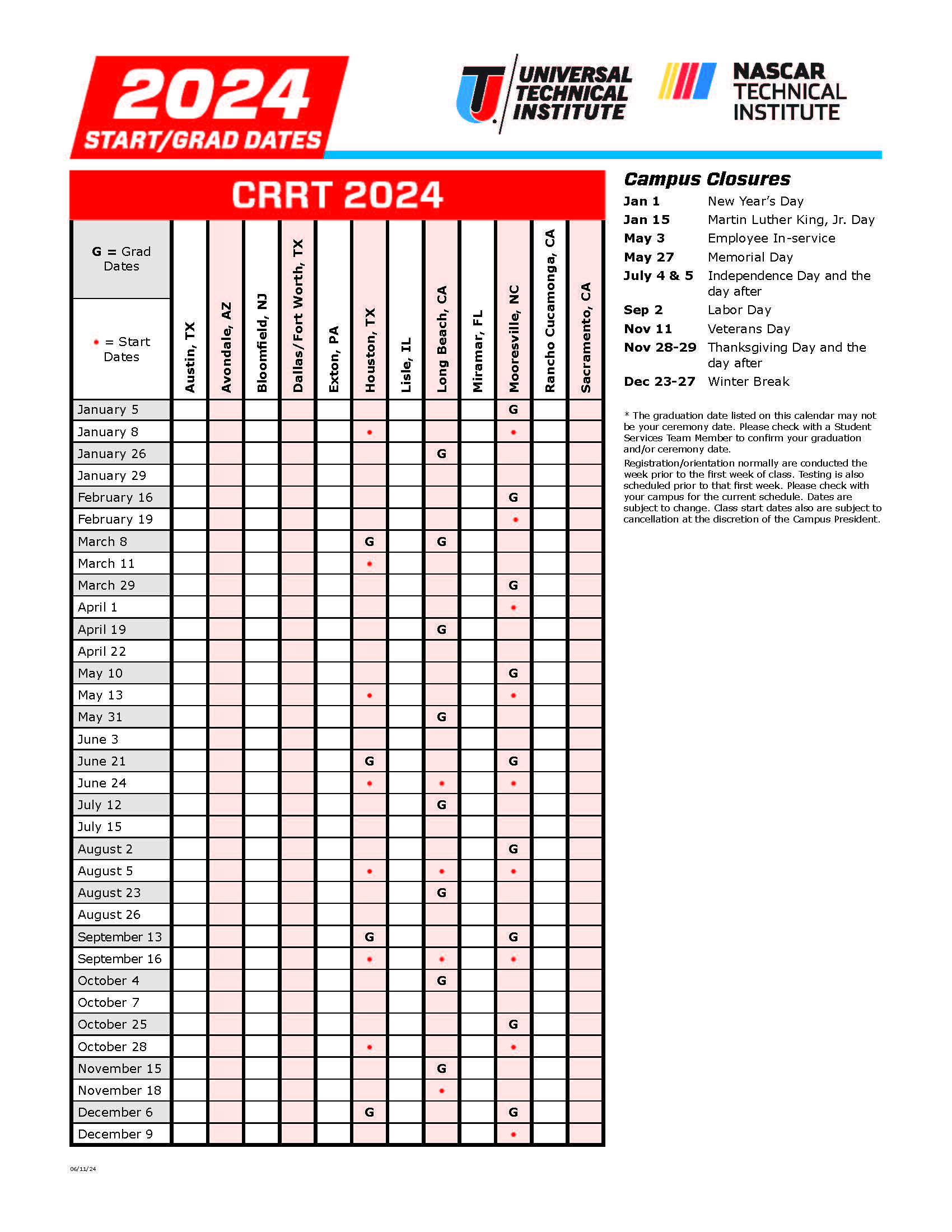 Course Calendar CRRT 2024-2025