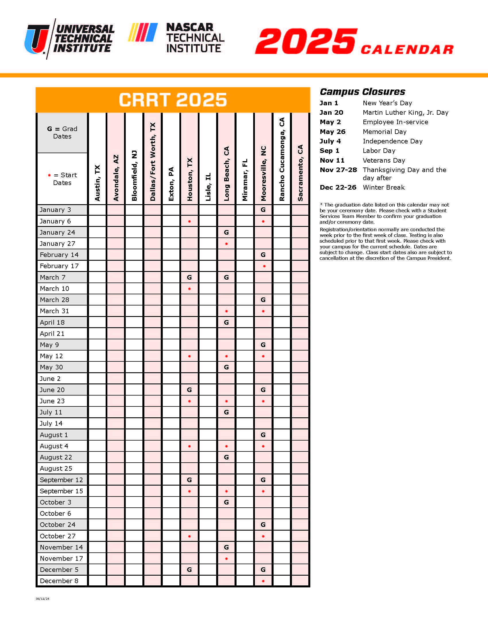 Course Calendar CRRT 2024-2025