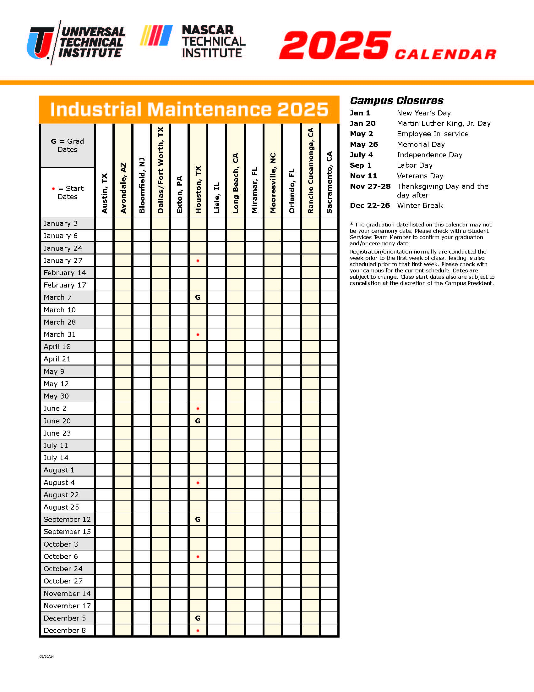 Course Calendar Industrial Maintenance 2024-2025