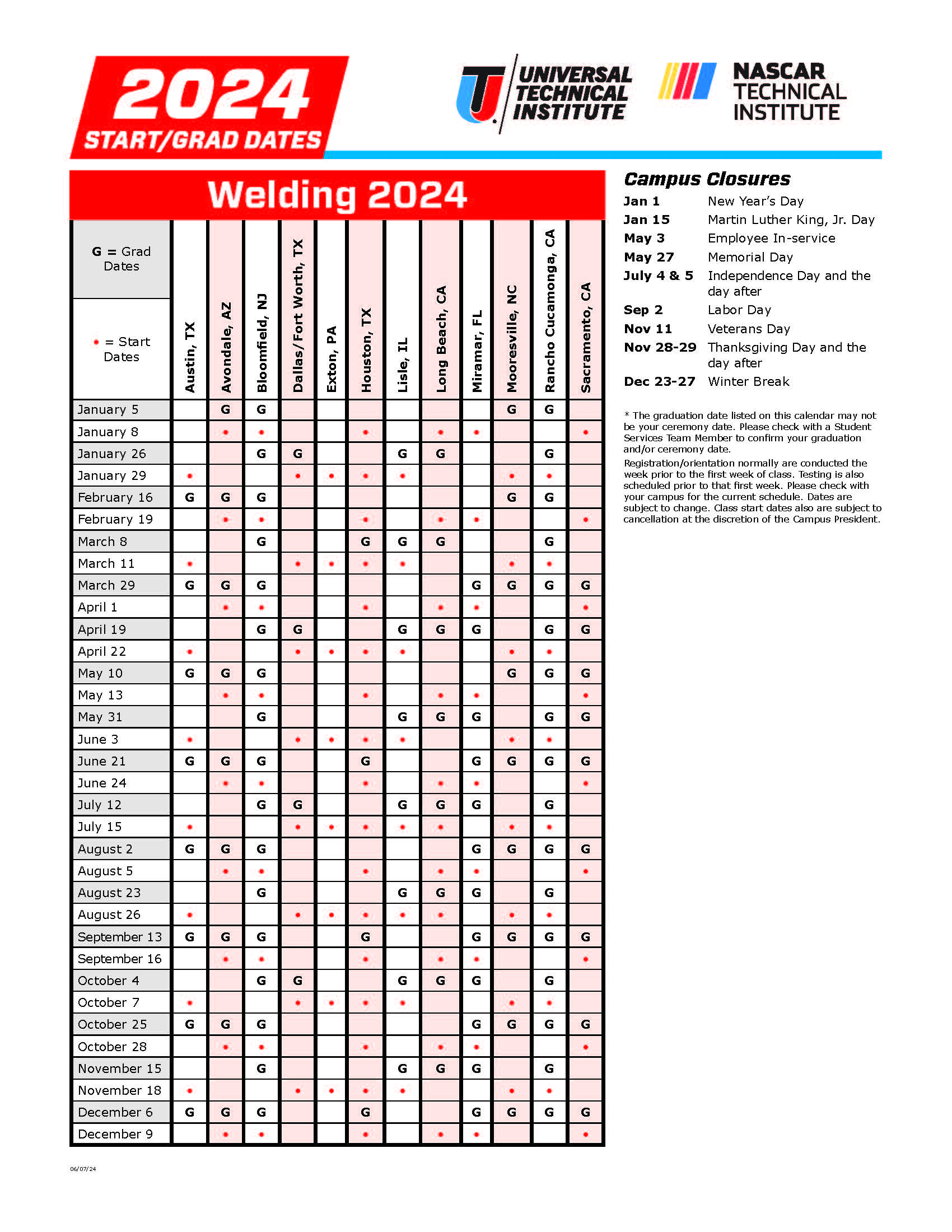 Course Calendar Welding 2024-2025