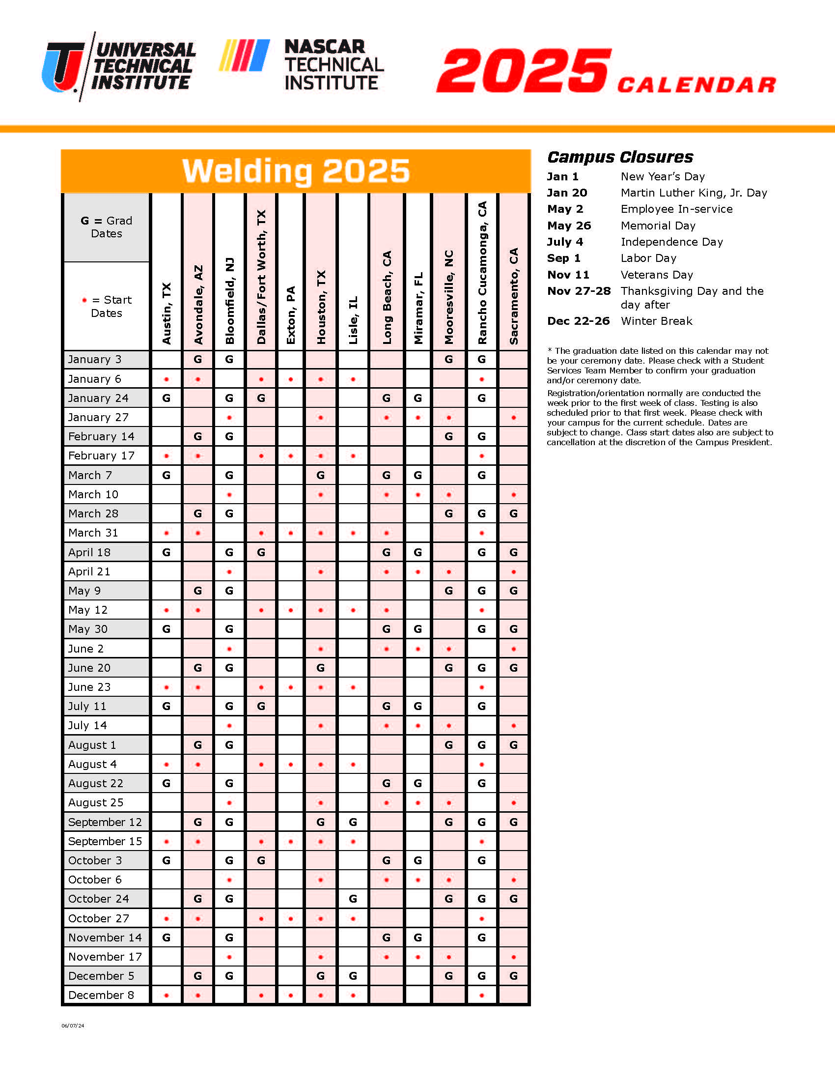 Course Calendar Welding 2024-2025