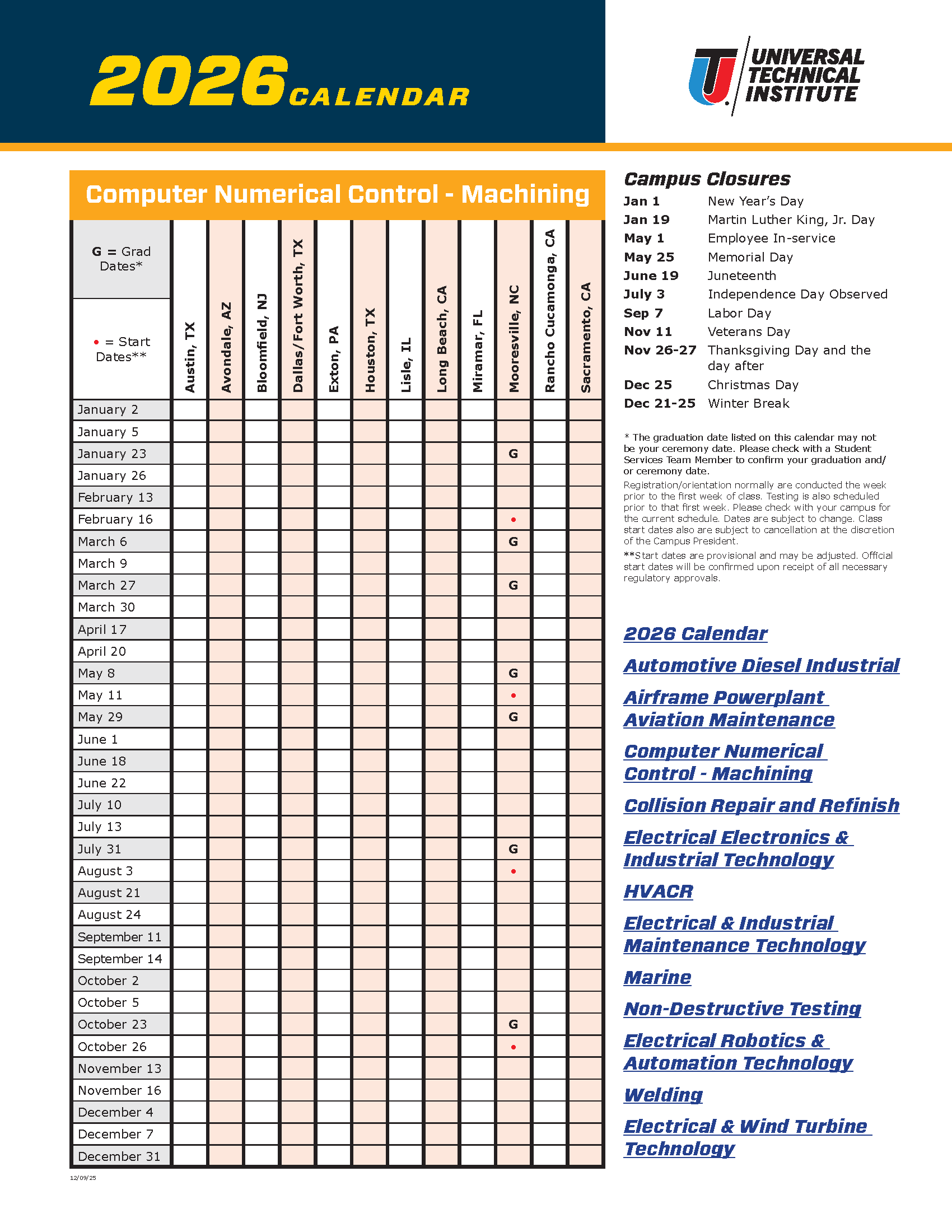 Course Calendar UTI and Motorcycle 2026 | Universal Technical Institute