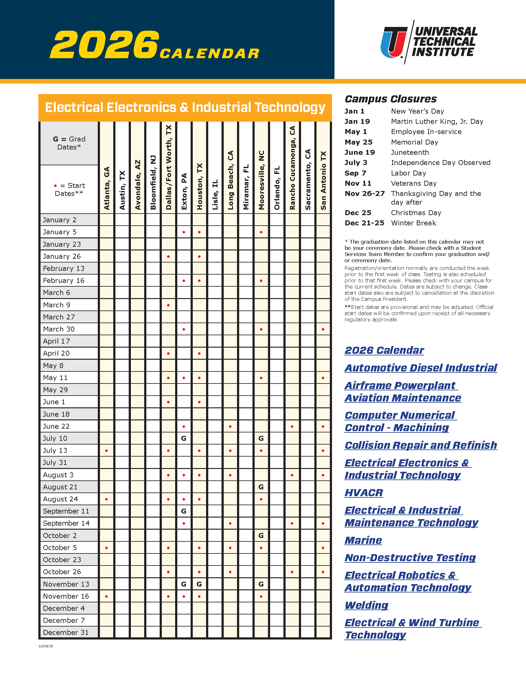 Course Calendar UTI and Motorcycle 2026 | Universal Technical Institute