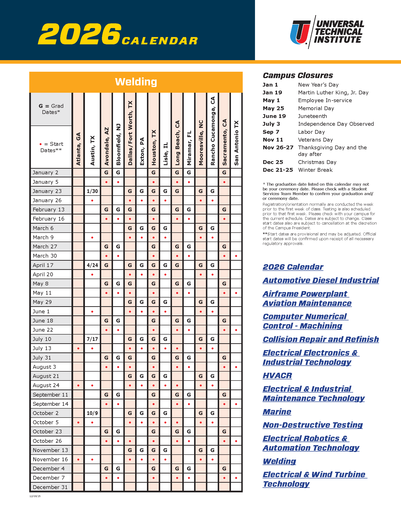 Course Calendar UTI and Motorcycle 2026 | Universal Technical Institute