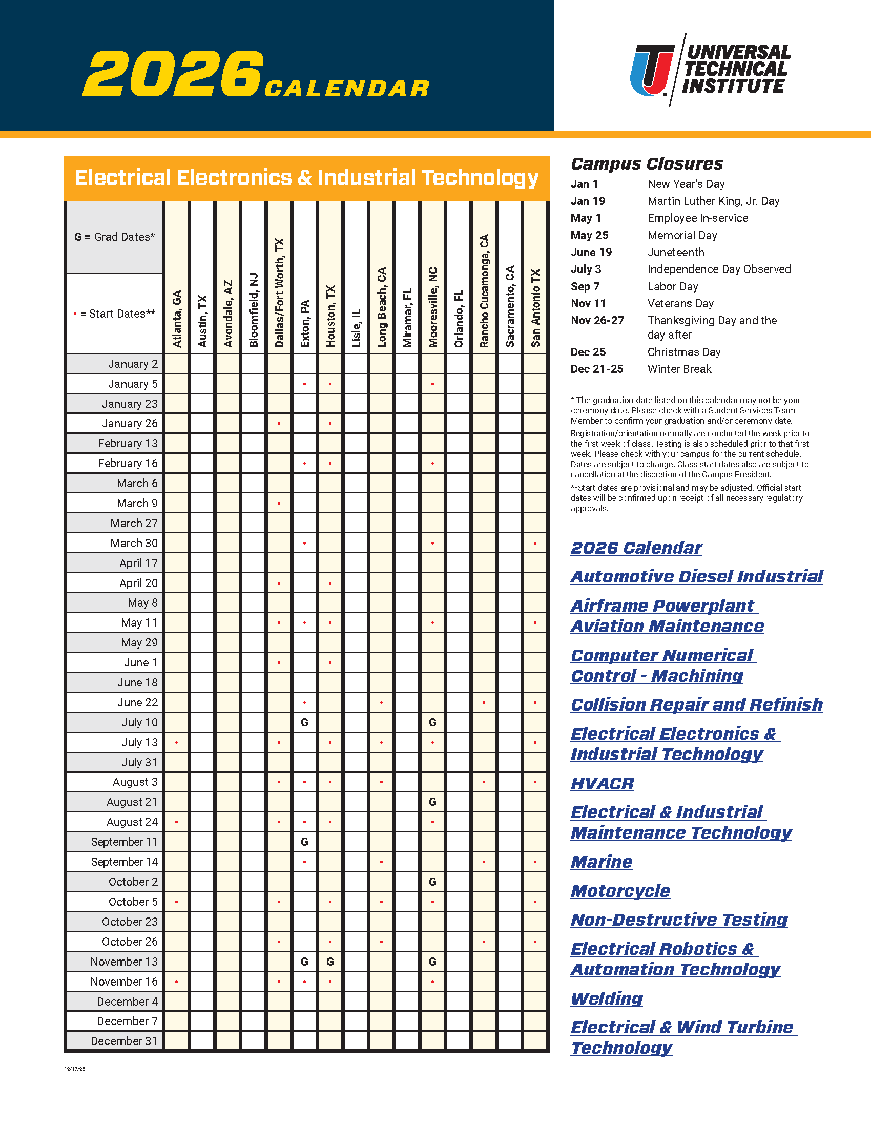 Course Calendar UTI and Motorcycle 2026 | Universal Technical Institute